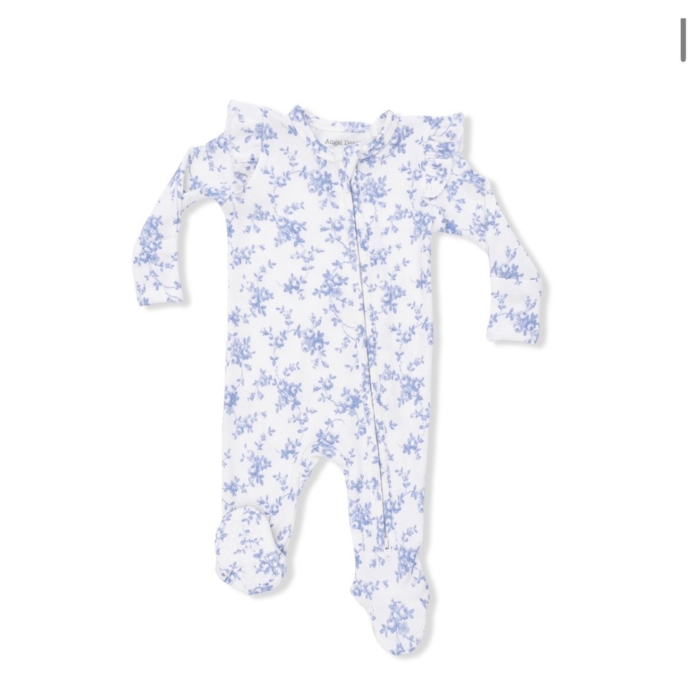 Angel Dear Baby Blue Vines Floral 2-Way Zipper Ruffle Footie Size 0–3 Months